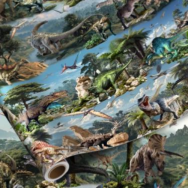 Imagem de Pajean Rolo de papel de embrulho de dinossauro – papel de embrulho grande de dinossauros estilo realista de 80 cm x 43 cm para decoração de festa de aniversário, chá de bebê, lembrancinhas
