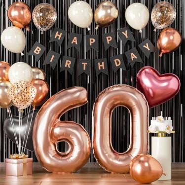 Imagem de Decorações de aniversário de 60 anos, balões de ouro rosa e preto, sessenta balões rosa choque, faixa feliz 60, ouro rosa, número 60, balão para mulheres de 60 anos, decoração de festa de aniversário