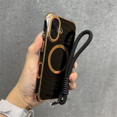 Imagem de Capa de celular luxuosa com alça de pulso e cordão para iPhone 15, 16 Plus, 11, 12, 13, 14 Pro Max, capa com revestimento macio e ondulada, preta, para iPhone 16 Pro