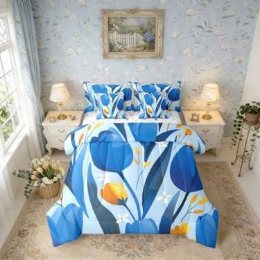 Imagem de Erosebridal Conjunto de cama solteiro com flores da primavera, 7 peças, floral, azul, para quarto de meninas, adolescentes e adultos, azul, jardim botânico, conjunto de cama em um saco, ramos de