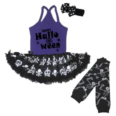 Imagem de Petitebella Happy Halloween Spider Cobweb Halter Baby Dress Leg Warmer Nb-18m, Caveira com coroa roxa/preta, 0-3 Months