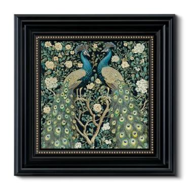 Imagem de Arte de parede de pavão emoldurada texturizada 3D 40,6 x 40,6 cm, decoração botânica floral, superfície de arenito, pintura de pássaro antigo vitoriana, moldura preta, detalhes em pontos dourados
