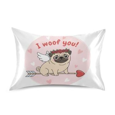 Imagem de Wassud Fronha de cetim Happy Pug Dia dos Namorados para cabelo e pele fronhas de seda lisa tamanho padrão capas de travesseiro respiráveis com fecho de envelope