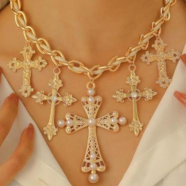 Imagem de 1 colar de cruz geométrica estilo vintage com pingente de bronze e ouro inspirado no barroco de pérola sintética, perfeito para uso diário feminino, encontros, viagens, celebrações, bailes e festas.