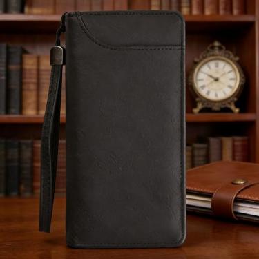 Imagem de Carteira masculina, carteira de couro longa vintage com zíper único, grande capacidade e vários compartimentos para cartão de crédito, design retrô seguro com janela para identidade (preto)