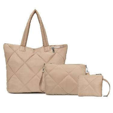 Imagem de Conjunto de bolsas acolchoadas para mulheres, bolsa de ombro acolchoada com bolsa transversal e bolsa pequena, bolsa leve para viagem, trabalho, academia, Caqui