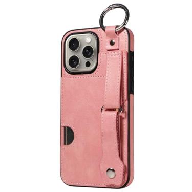 Imagem de Capa de couro para iPhone 16/16 plus/16 pro/16 pro max, capa com suporte de cartão com alça de pulso ajustável, função de suporte, capa à prova de choque