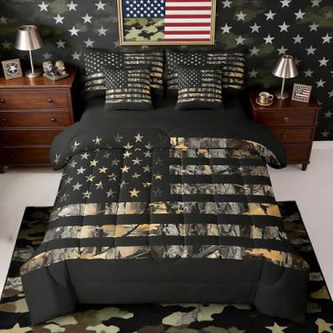 Imagem de Feelyou Jogo de cama queen com bandeira americana, camuflagem, acampamento, 7 peças, para crianças, meninos, meninas, militar, camuflagem, decoração de quarto de crianças