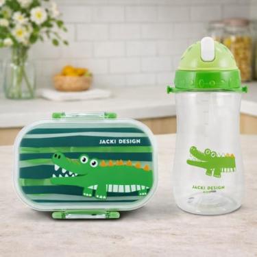 Imagem de Kit Pote Lancheira de 400ml e Garrafa 460ml Infantil Para Levar a Merenda Escolar Piquinique Lanche da Tarde Armazena Alimento e Bebidas (Verde Jacare)