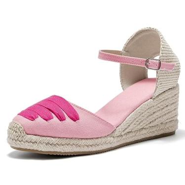 Imagem de U-lite Sandálias femininas tipo espadrille cunha, bico fechado, plataforma com cadarço, tira no tornozelo, slingback para o verão, Fivela rosa - 6, 38