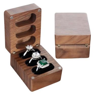 Imagem de RUOMOODDZ Caixa de anel de madeira de nogueira com 3 compartimentos, suporte para exibição de anel para cerimônia de casamento, noivado, aniversário, dia dos namorados, armazenamento de anéis para
