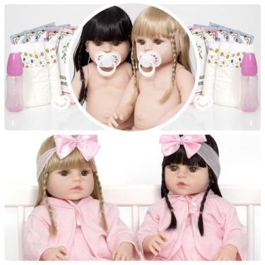 Imagem de 2 Bebe Reborn Gemeas Loira Morena Real + Acessórios Enxoval - Cegonha 
