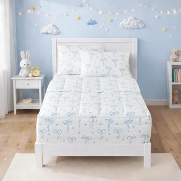Imagem de Bildenly Jogo de cama solteiro com zíper e laço para meninas, cama em uma bolsa, conjunto de edredom branco - colcha de laço azul claro com design tudo-em-um, conjunto de colcha de laço fofo para