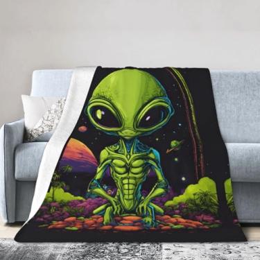 Imagem de Cobertor grande ultramacio com estampa de alienígena verde, perfeito para cama, sofá e viagens, manta de flanela aconchegante e quente
