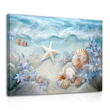 Imagem de Dazzlewall Pôster emoldurado para parede de ondas do mar, conchas do mar e estrela-do-mar, oceano, praia, impressão, para banheiro, quarto, sala de estar, 30,5 x 40,64 cm