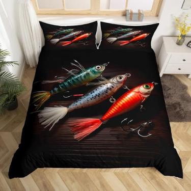 Imagem de Homewish Capa de edredom de pesca com isca, tamanho solteiro, rústico, casa de fazenda, marrom, conjunto de capa de edredom para crianças, meninos, meninas, anzol 3D para amantes de pesca, conjunto de
