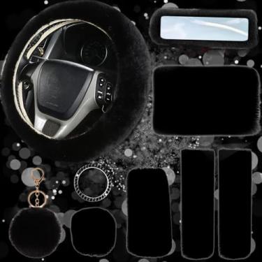 Imagem de Conjunto de 9 acessórios de carro fofos, capa de volante Silence Shopping fofa para o inverno, capa de volante de pele quente, acessórios de decoração de carro felpudos para mulheres e meninas (preto)