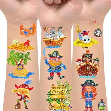 Imagem de 125 estilos de glitter lembrancinhas de festa de pirata, jogos de adesivos de tatuagem de pirata, tatuagens temporárias de pirata para decoração de aniversário de suprimentos de festa (10 folhas)