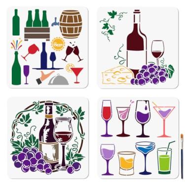 Imagem de MAYJOYDIY 4 estênceis de uva vinho estêncil para pintura de coquetel 11,8 x 11,20 cm modelo de desenho de cerveja e licor com pincel de pintura para artesanato na janela, parede de madeira, decoração