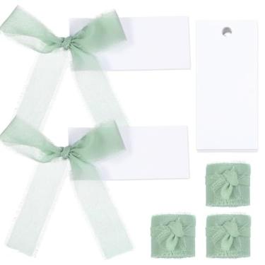 Imagem de 50 cartões de nome para mesa, cartões de casamento em branco com fita de chiffon, etiquetas de presente penduradas para festa de casamento, 9 x 4 cm, verde