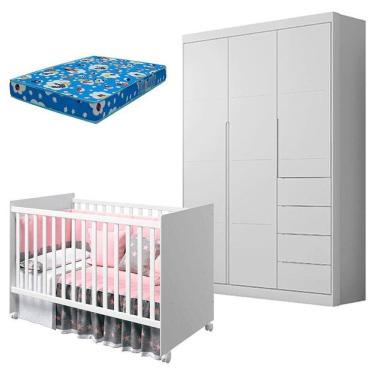 Imagem de Berço Americano Tico e Guarda Roupa Infantil Eloá Branco Acetinado com Colchão Ortobom – Phoenix Baby