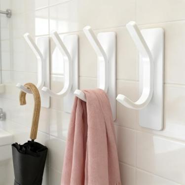 Imagem de Pacote com 4 ganchos brancos para toalhas, suporte de parede multifuncional com adesivo forte para banheiro, cozinha e organização de armário