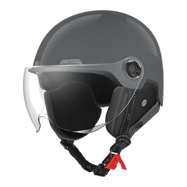 Imagem de Capacetes de motocicleta com certificação DOT, meio capacete estilo alemão, scooter de bicicleta elétrica com óculos de para-brisa, capacete retrô legal para homens e mulheres (cinza, M)
