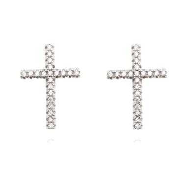 Imagem de Brinco Cruz M com Zircônias Brancas em Prata | Coleção Fé Coleção Fé Prata