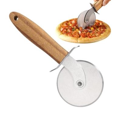Imagem de Roda de pizza | Cortador de pizza de aço inoxidável | Ferramentas de queijo à prova de ferrugem, utensílios de cozinha com cabo de madeira para massa, torta, waffles, biscoitos