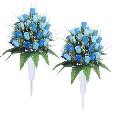 Imagem de Hibsotco Flores artificiais de cemitério com vasos – 2 conjuntos de buquês de rosas para decoração de túmulos ao ar livre, arranjos de flores de seda resistentes para lápides (azul)