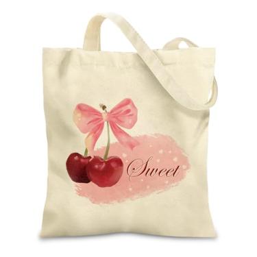 Imagem de Lednica Sacola de lona para mulheres, linda bolsa de compras reutilizável com bolso com zíper e fecho de pressão de metal, para compras, livros, viagens, Cereja 2, Large