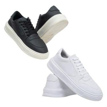 Imagem de Tênis Masculino Casual em Couro Ecológico, Sola Alta, Minimalista, Preto com Branco, Slip On, para Dia a Dia e Trabalho, Kit 2 Pares (Preto/off + Branco, BR, Adulto, Numérico, 37)