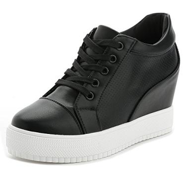 Imagem de Tênis feminino com salto oculto plataforma alta no tornozelo sapatos de caminhada modernos para noivas e casamentos, Preto-7,6 cm Altura do salto, 35