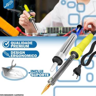 Imagem de Kit Ferro de Solda 30W 127V com Suporte e Sugador Profissional Eletrôn
