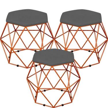 Imagem de Kit 03 Puffs Aramado Bronze Six L02 Suede Cinza