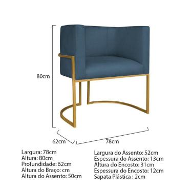 Imagem de Kit Divã Luna 160cm Lado Esquerdo E 02 Poltronas Base De Ferro Dourado Linho Cor Azul Royal