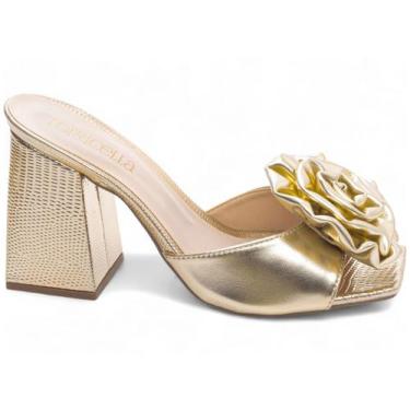 Imagem de Sandália Tamanco Feminino Ouro Ligth Salto Médio Baixo Bloco Grosso Bi