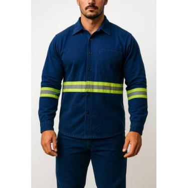 Imagem de Camisa Brim Profissional Refletiva Manga Longa Botão - Fiber Race, Azu