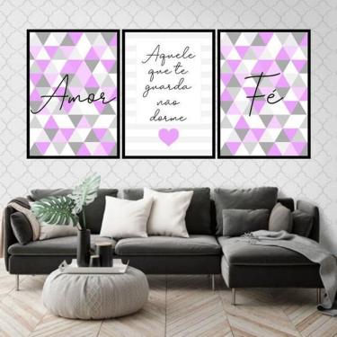 Imagem de Kit 3 Quadros Decorativos Fé E Amor Geométrico 34x23cm