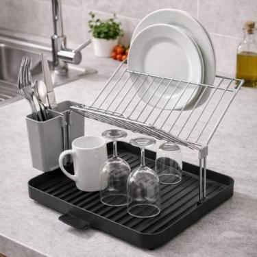 Imagem de Escorredor Pratos Aço Inox Secador Louças Bancada Com Porta Talheres R