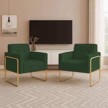 Imagem de Poltrona Sala Industrial Alta Tubo Dourado Kit 2 Elisa Veludo Verde D0