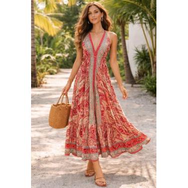 Imagem de Vestido Indiano Boho Seda Premium Detalhe Dourado Costa Nua - Mimos Al