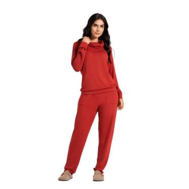 Imagem de Conjunto Manga Longa Feminino Pzama Pijama Sair Gola Boba, Terracota, 