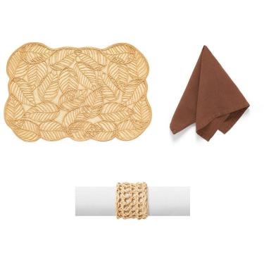 Imagem de Kit de Mesa Posta Folhas-Stone 4 Lugares com Jogo Americano Guardanapo e Anel Conhaque Copa & Cia