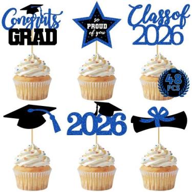 Imagem de Topos para bolo QZYL 48 peças Formatura 2026 Azul e Preto