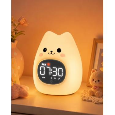 Imagem de Despertador de gato para crianças com luz noturna, relógio de treinamento de sono, hora de acordar, luz de silicone recarregável para quarto, companheiro de sono perfeito para meninos e meninas