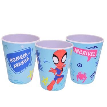 Imagem de Copo Infantil Kit 3 Copos Homem-Aranha Melamina Reforçada 300ML Licenciado Oficial para Lanches e Refeições Yangzi