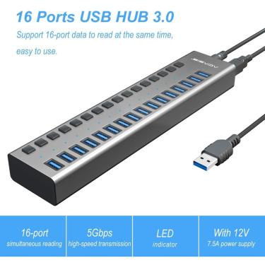 Imagem de Hub USB 3.0 16 portas Acasis Velocidade 5gb/s Fonte 12V/7.5A