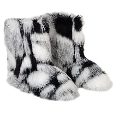 Imagem de TangDao Botas coloridas de pele sintética para mulheres, felpudo, felpudo, bico redondo, camurça, inverno, confortável, pelúcia, quente, curto, botas de neve, botas de cano médio para