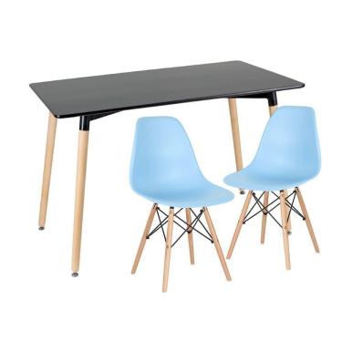 Imagem de Kit - Mesa De Jantar Retangular Eames 60 X 120 Cm Preto + 2 Cadeiras Eiffel Dsw Azul Claro